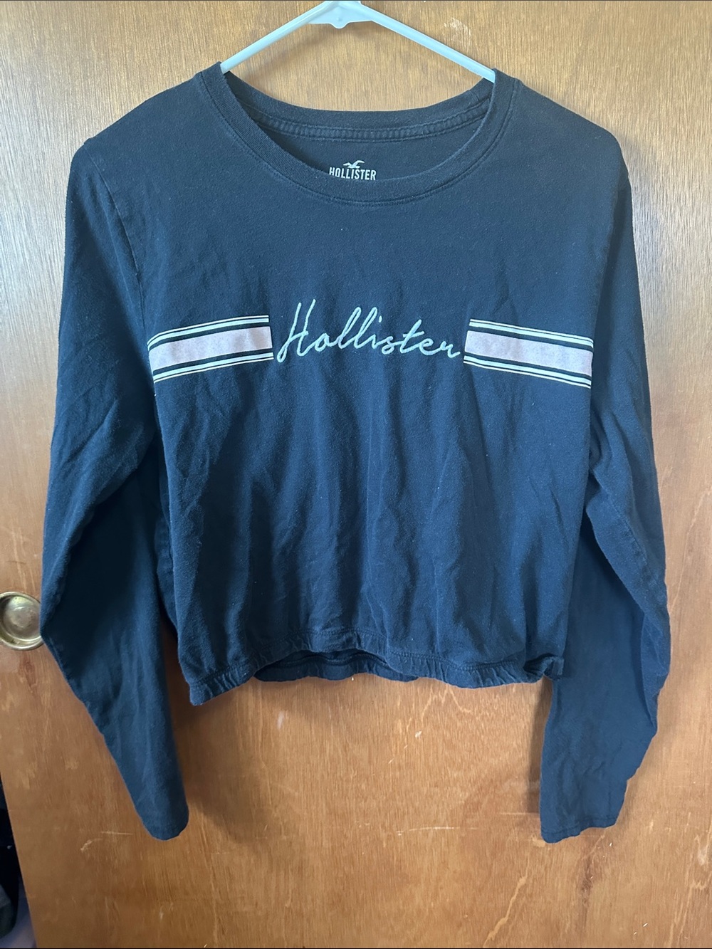 Hollister Black Cropped Long-Sleeve Tee with Pink Stripe Accents